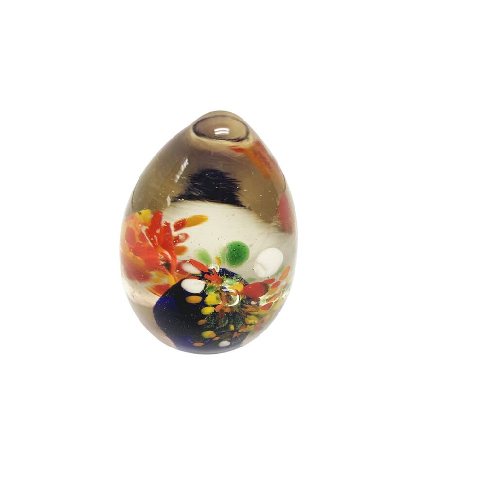 Vtg Abstract Egg Paperweight Hand Blown Glass Orange Multicolor Floral Design